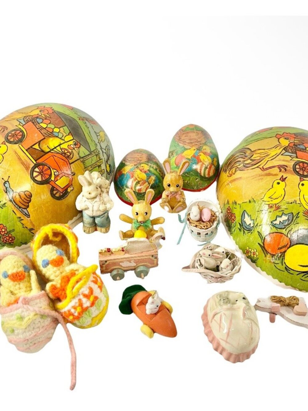Vtg Easter Ornaments Wood Dakin Crochet Paper Mache Egg Chick Bunny Rabbit Lot
